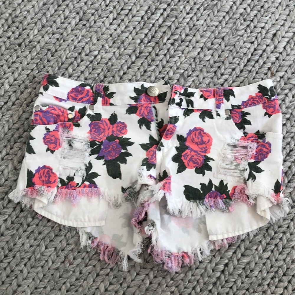 Pink and white rose denim shorts